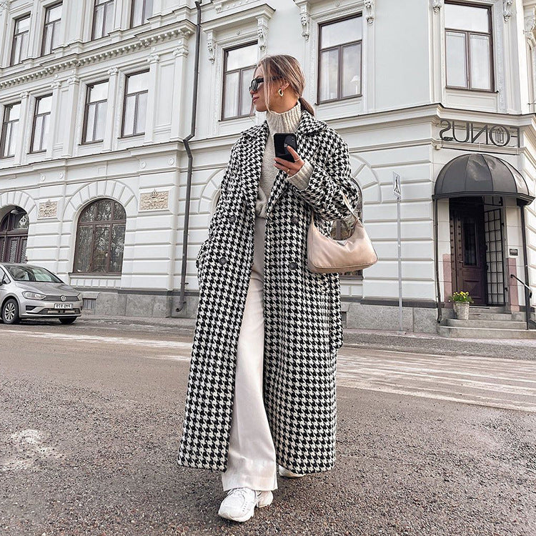 Long Checkered Coat for Women, Black and White Classic Trench Coat