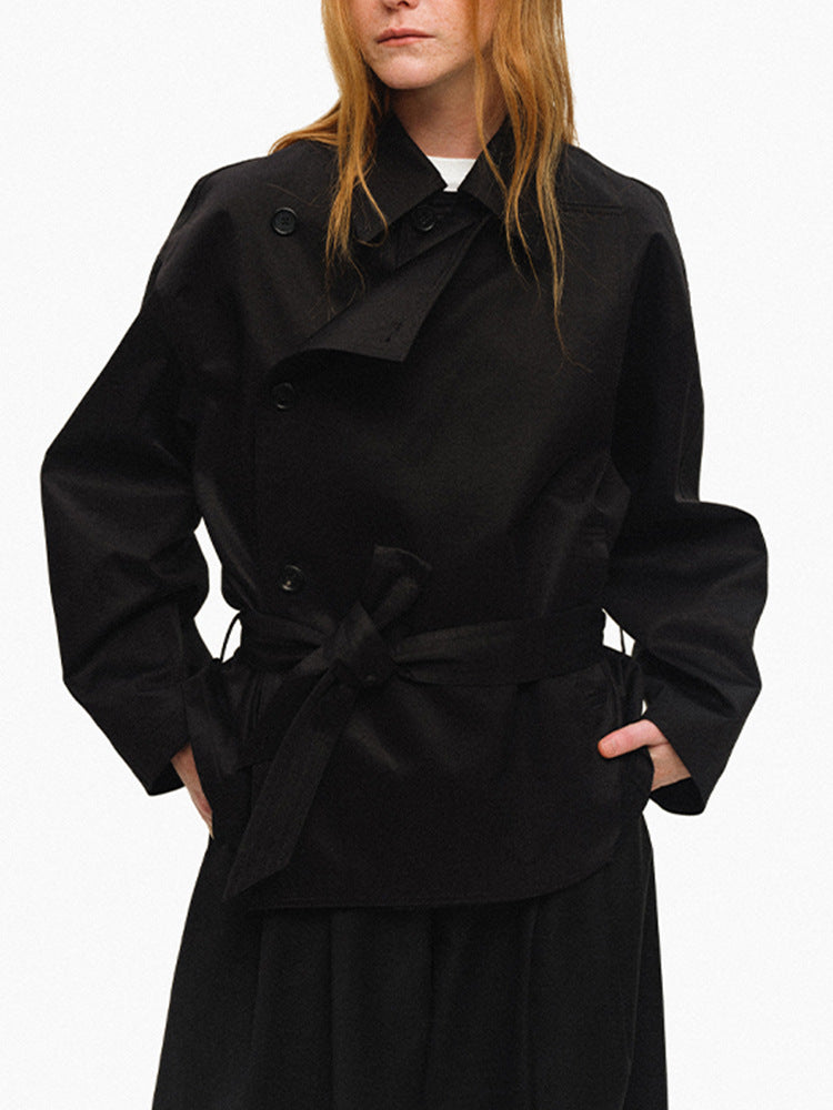 Short-Cut Reversible Trench Coat with Notched Lapel, Double-Breasted, Waist-Cinching Loose Fit
