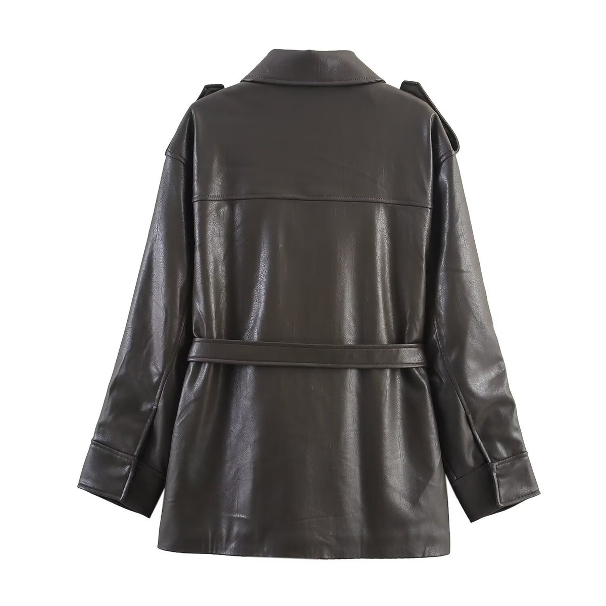 Pocket decoration imitation leather jacket women's coat
