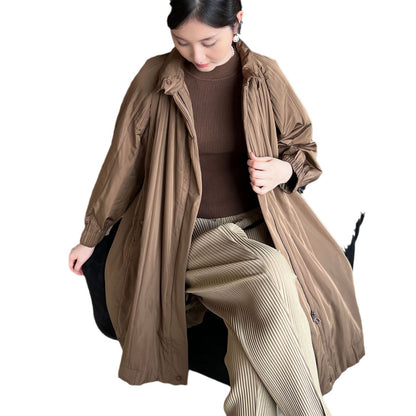 High-end Pleated Style Loose Casual Trench Coat Parka Outerwear