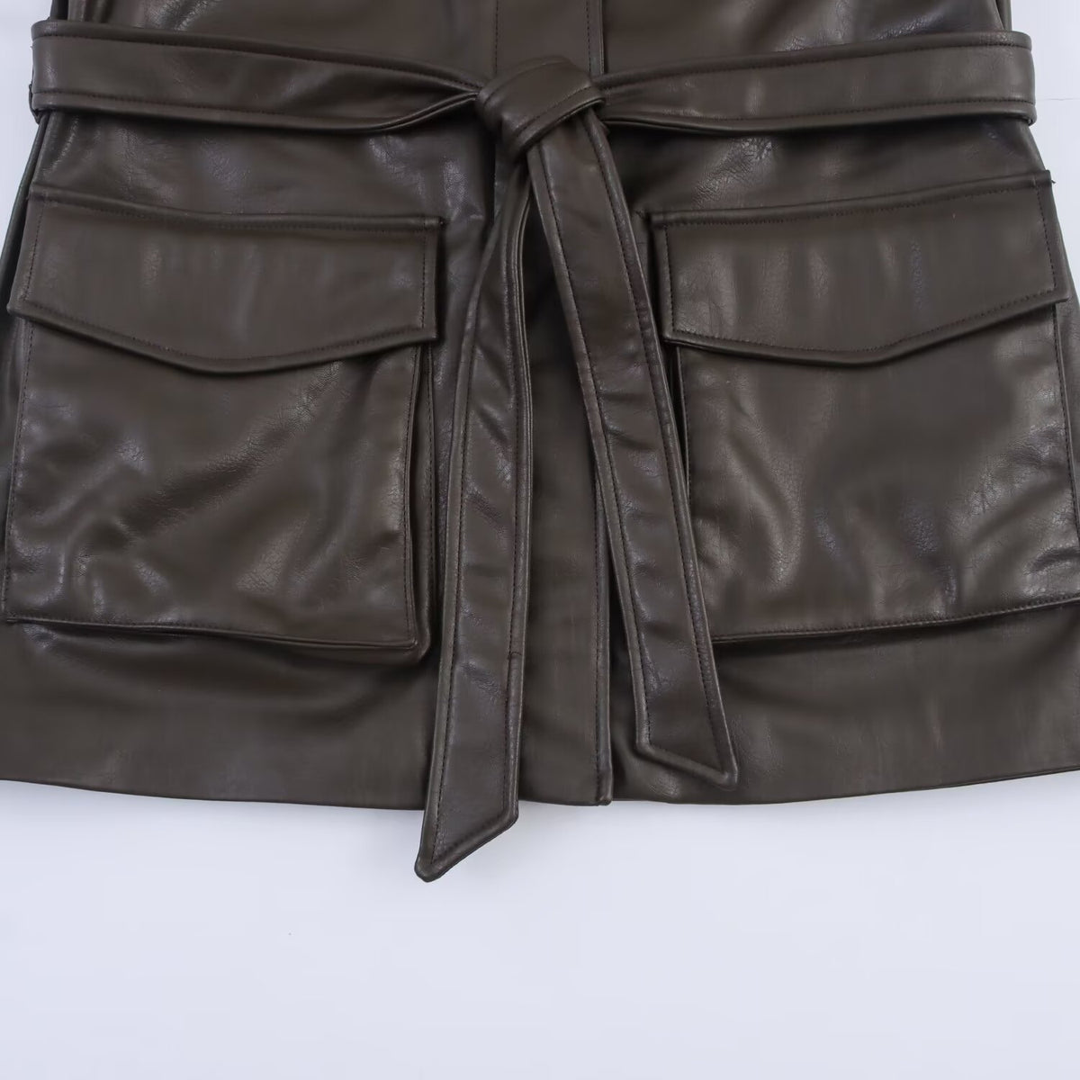 Pocket decoration imitation leather jacket women's coat