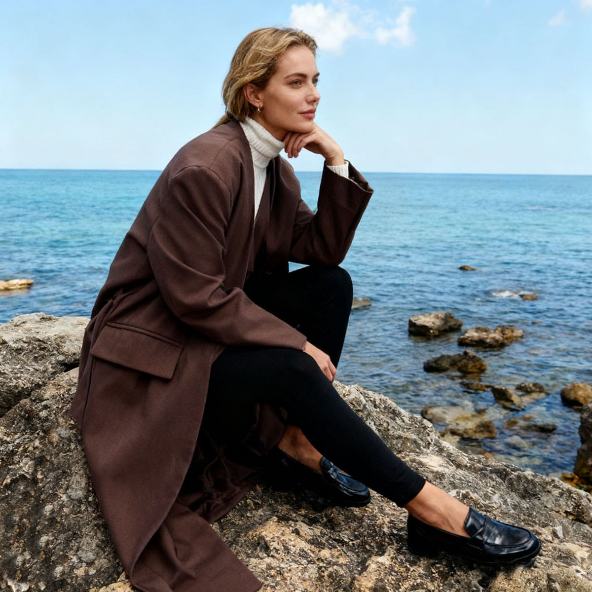 Elegant brown V-neck trench coat for women