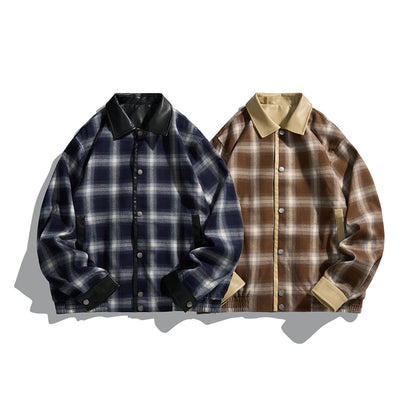 Patchwork Leather Collar Design Loose Plaid Jacket Coat