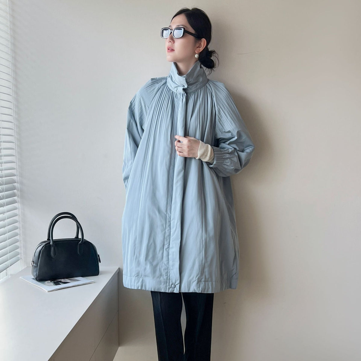 High-end Pleated Style Loose Casual Trench Coat Parka Outerwear