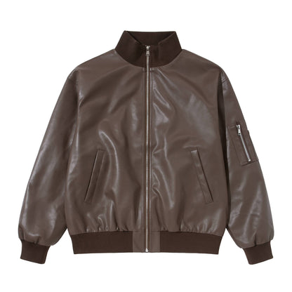 Minimalist Solid Color Loose Stand-up Collar PU Leather Jacket Workwear Coat