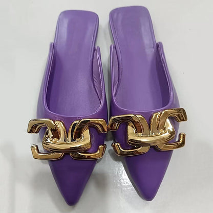 Button pointed flat bottomed wrapped half slippers and sandals for women