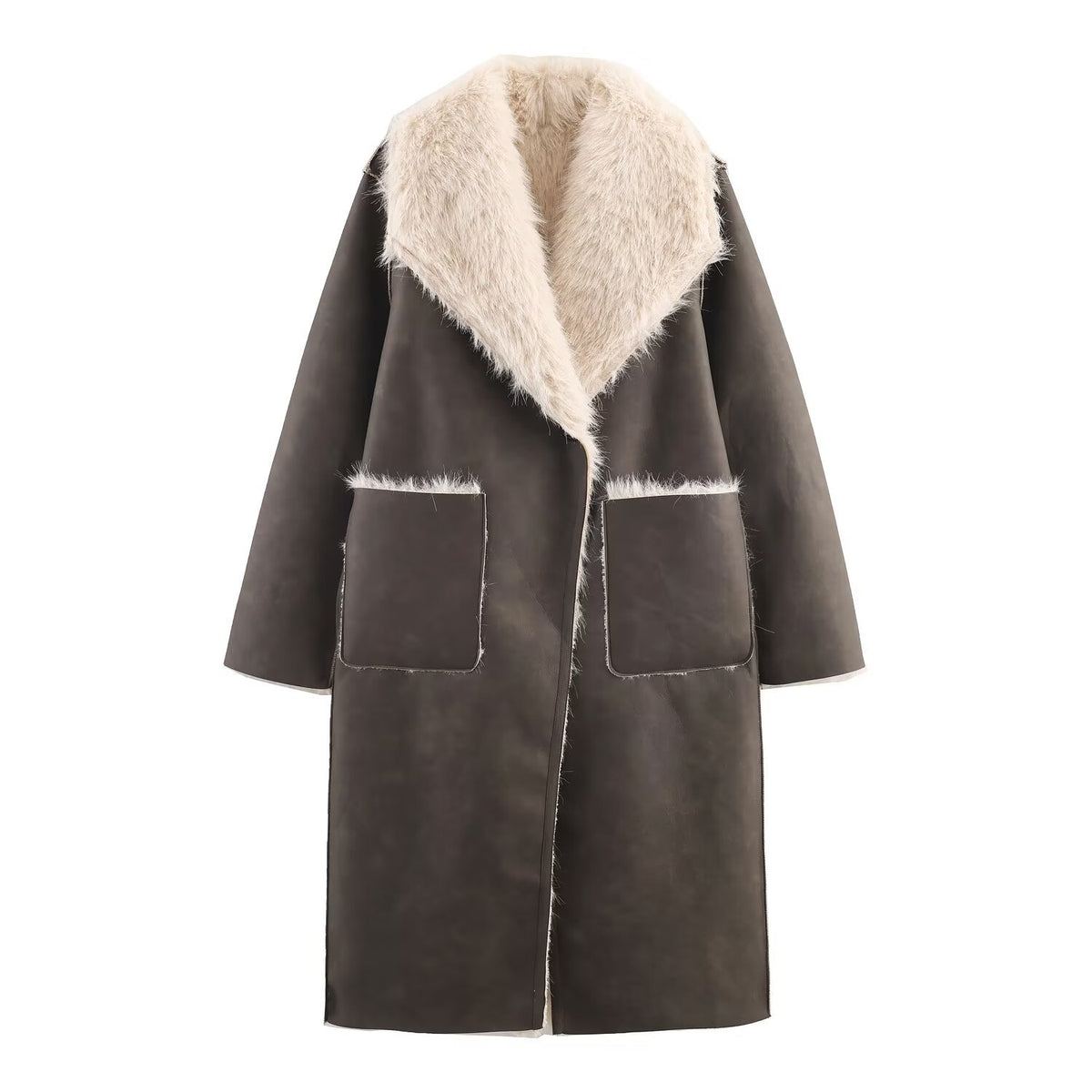 Double sided synthetic fur effect coat jacket