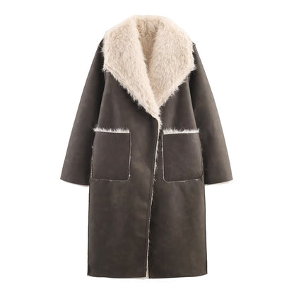 Double sided synthetic fur effect coat jacket