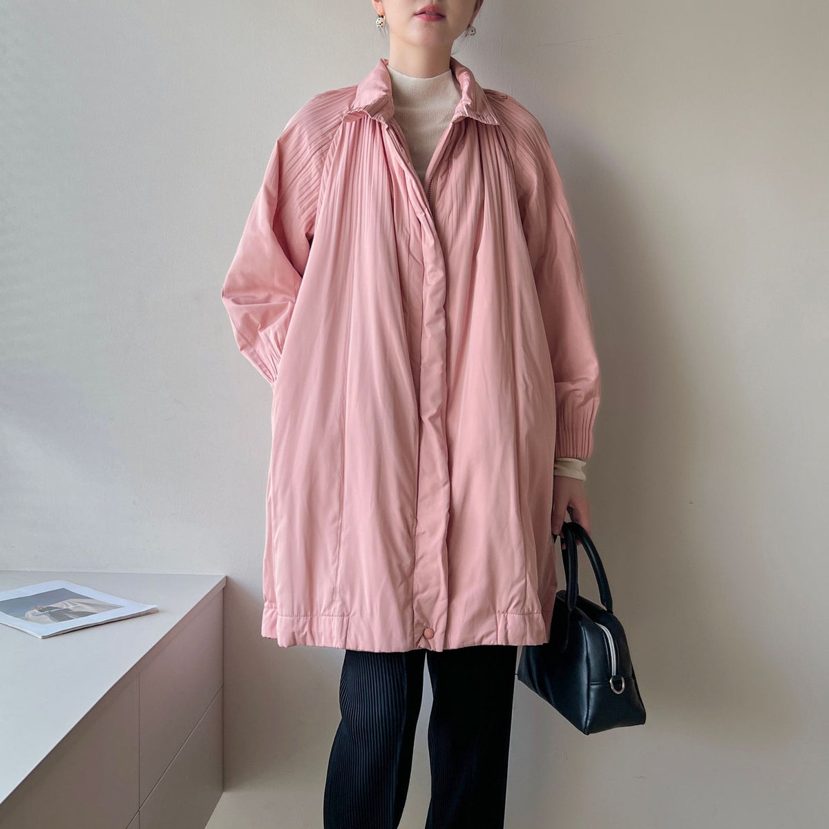 High-end Pleated Style Loose Casual Trench Coat Parka Outerwear