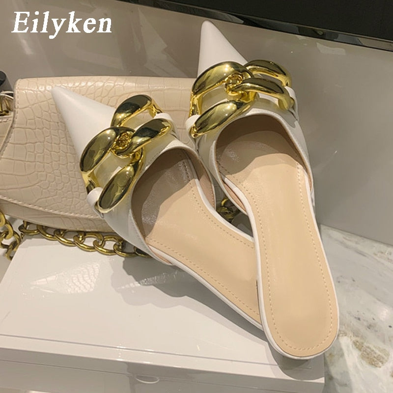 Summer Fashion Metal Chain Buckle Women Mules Slippers New Pointed Toe Slip On Ladies Outdoor Casual Flat Heels Shoes