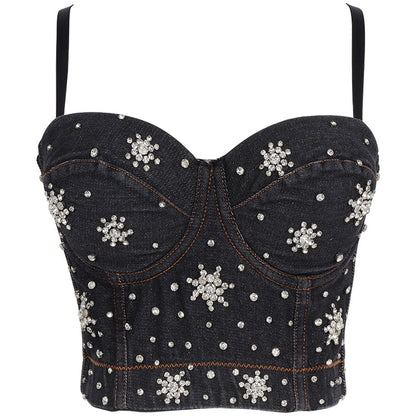 Denim Beaded Backless Crop Top with High Waist and Belly Show for Shaping