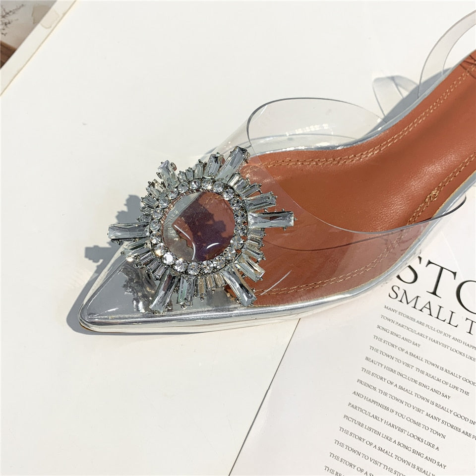 Clear PVC Transparent Sandals For Girls Women Flat Heel Point Toe Crystal Rhinestone Sunflower Buckle Decor Summer Shoes