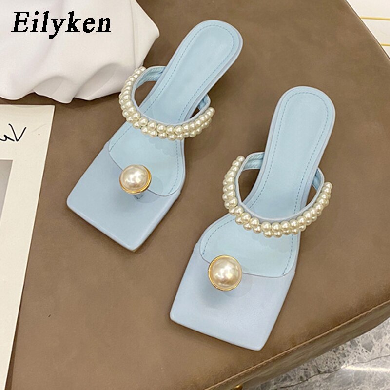 Fashion String Bead Womens Slippers Summer Outdoor Square Toe Flip Flops Pearl Decoration Sandals Femme Low Heel Shoes