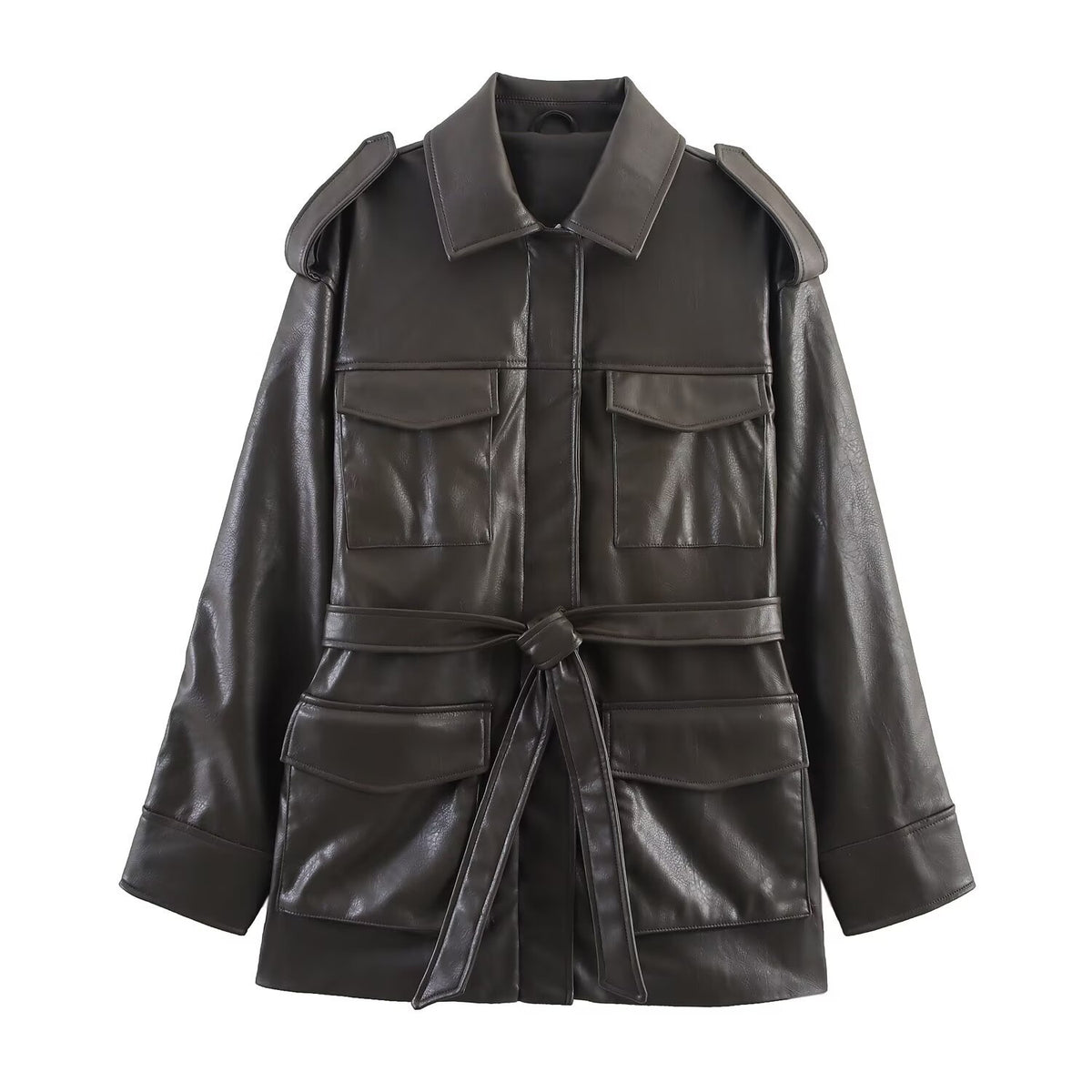 Pocket decoration imitation leather jacket women's coat