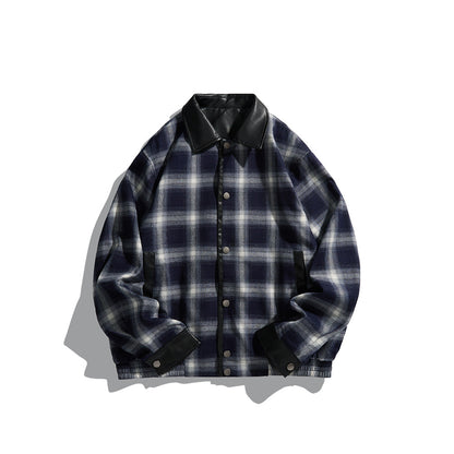 Patchwork Leather Collar Design Loose Plaid Jacket Coat