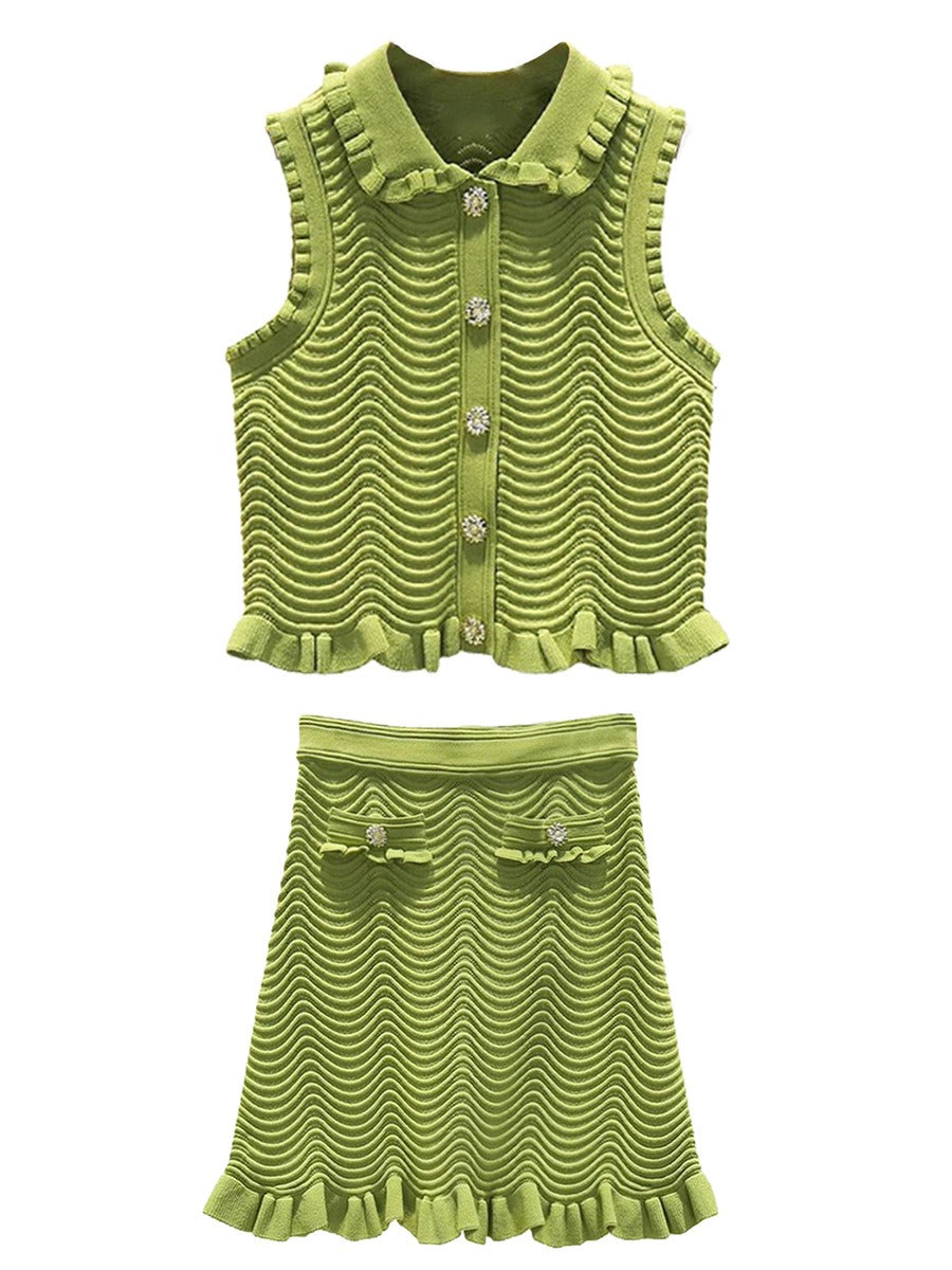 Sleeveless crop top + A-line skirt ear-hemmed single-breasted suit