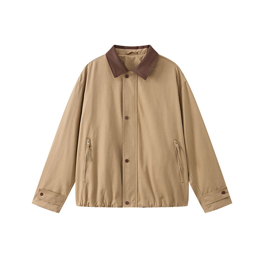 Cargo Lapel Leather Patchwork Loose Versatile Jacket Men Detroit Coat
