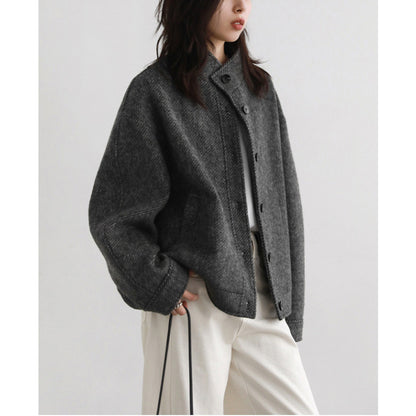 Retro Style Early Winter New Arrival Stand Collar Twill Texture Single Breasted Wool Blend Short Coat for Women