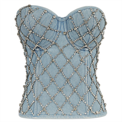 Sexy Denim Strapless Crop Top Belted Shaping Fitted Performance