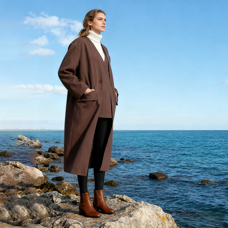 Elegant brown V-neck trench coat for women