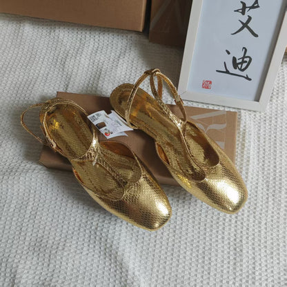 Za Manufacturer's Ready-Made Cross-Border Popular Gold Toe-Toe Fashion Flat Sandals for Women with Shallow Mouth and Hollow Back Strap Shoes Wholesale