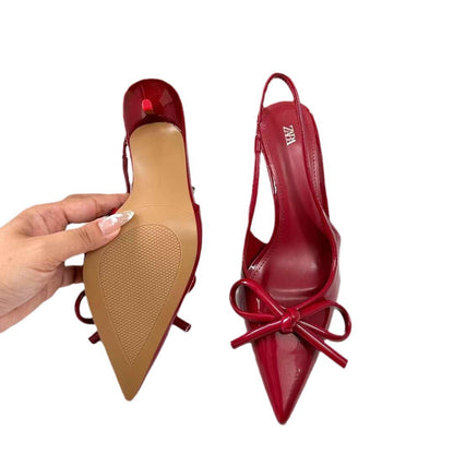 Fashion New Style Women's Slingback Pumps with Thin Heels, Shallow Mouth High Heels, Pointed Toe, Ankle Strap Sandals, Spring and Autumn Socialite Bow