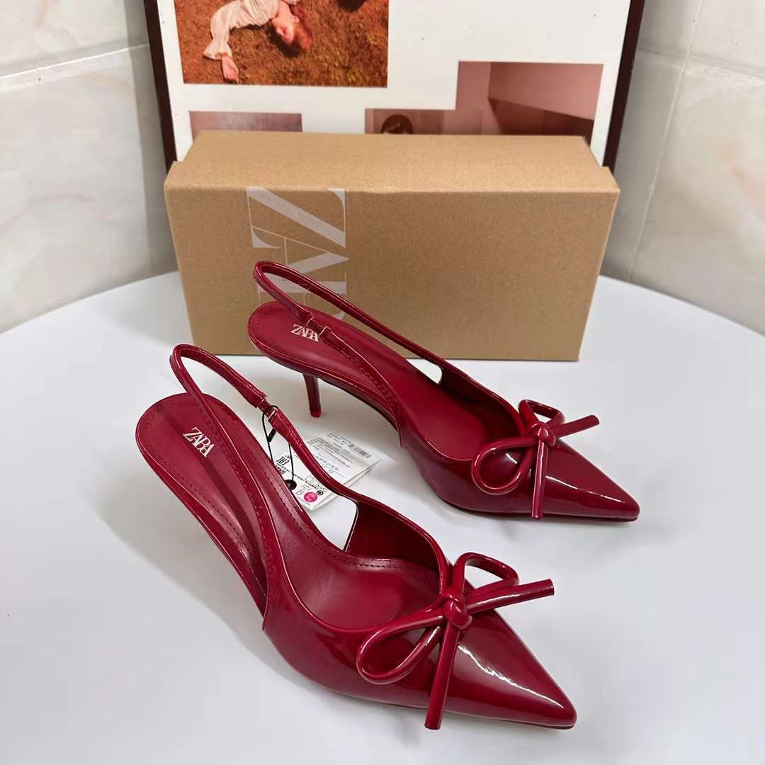 Fashion New Style Women's Slingback Pumps with Thin Heels, Shallow Mouth High Heels, Pointed Toe, Ankle Strap Sandals, Spring and Autumn Socialite Bow