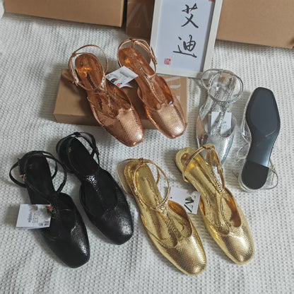 Za Manufacturer's Ready-Made Cross-Border Popular Gold Toe-Toe Fashion Flat Sandals for Women with Shallow Mouth and Hollow Back Strap Shoes Wholesale
