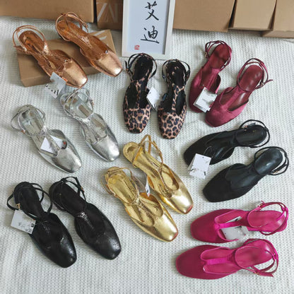 Za Manufacturer's Ready-Made Cross-Border Popular Gold Toe-Toe Fashion Flat Sandals for Women with Shallow Mouth and Hollow Back Strap Shoes Wholesale
