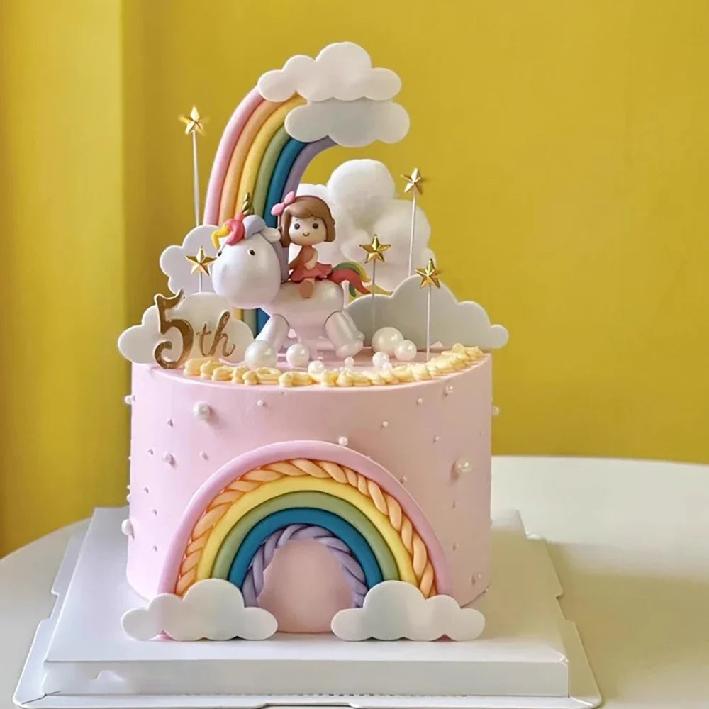 Magical Unicorn Cake Topper with Rainbow Clouds and Stars Dreamy Decor for Baby Shower and Girls Birthday Party Cake Arrangement