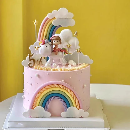 Magical Unicorn Cake Topper with Rainbow Clouds and Stars Dreamy Decor for Baby Shower and Girls Birthday Party Cake Arrangement