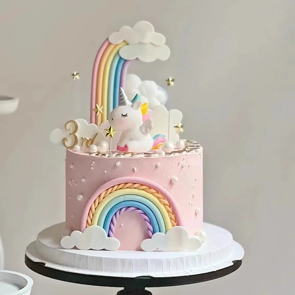 Magical Unicorn Cake Topper with Rainbow Clouds and Stars Dreamy Decor for Baby Shower and Girls Birthday Party Cake Arrangement