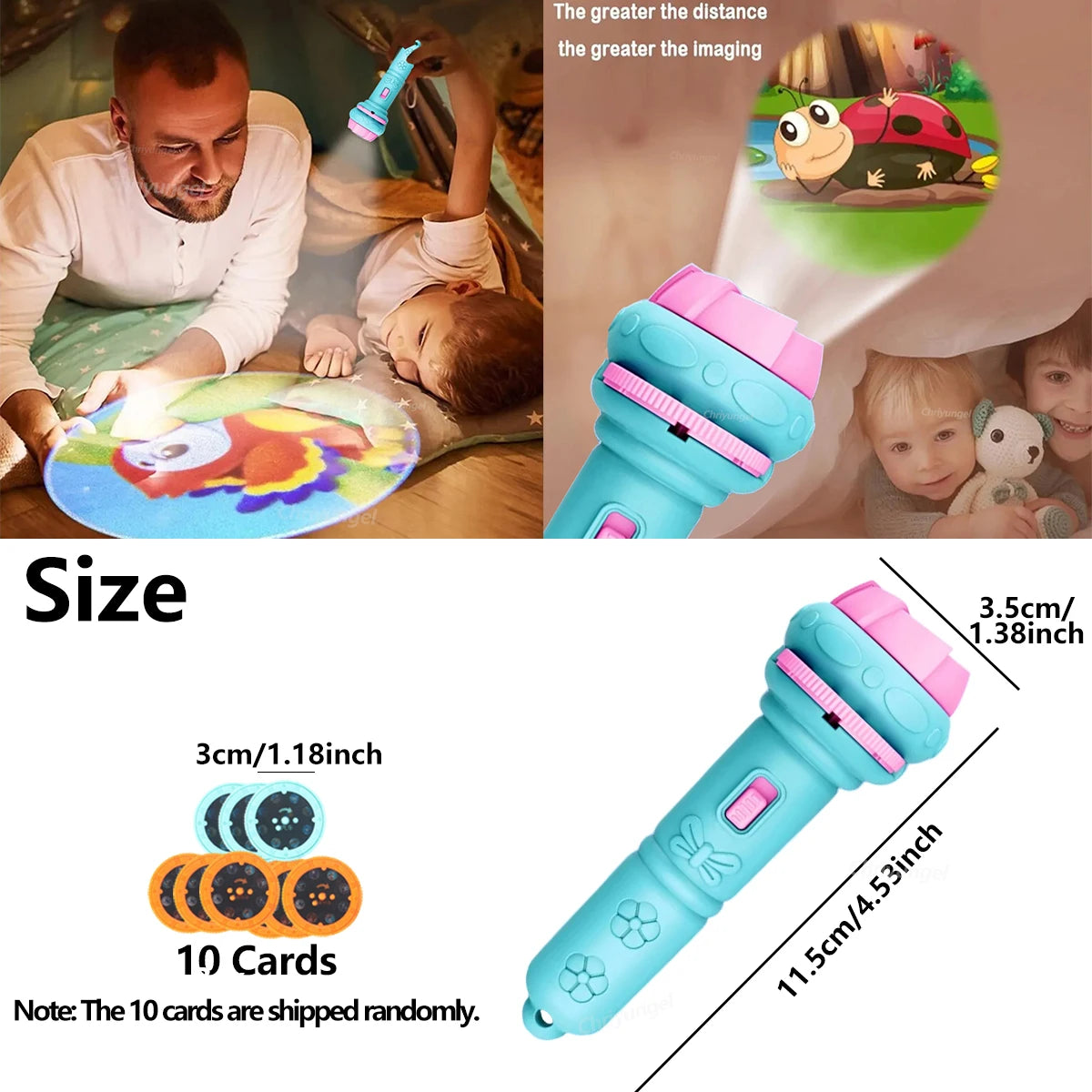 Kids Projector Flashlight 10 Cards 80 Patterns Night Light Bedtime Story Early Learning Educational Toy Gift for Toddlers