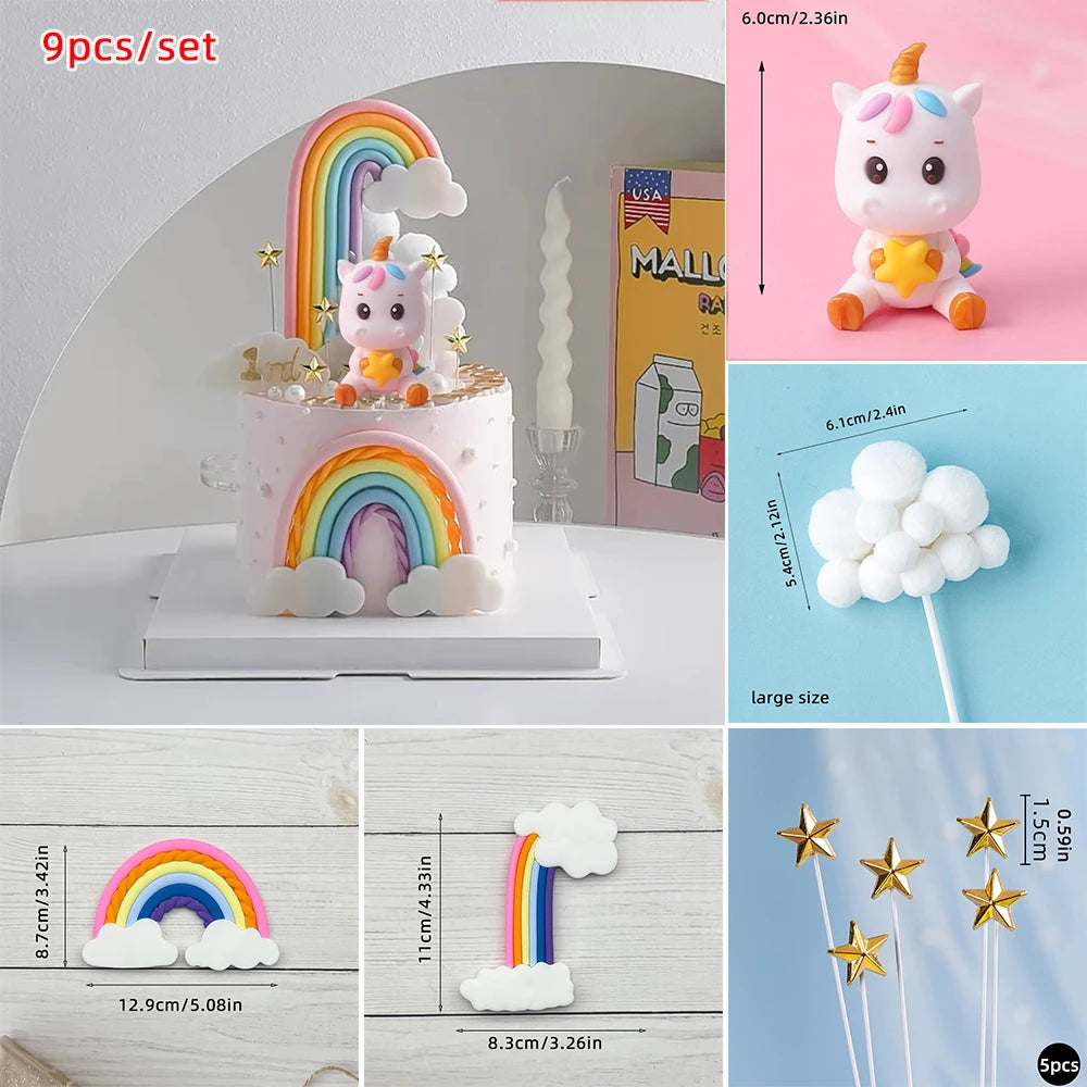 Magical Unicorn Cake Topper with Rainbow Clouds and Stars Dreamy Decor for Baby Shower and Girls Birthday Party Cake Arrangement