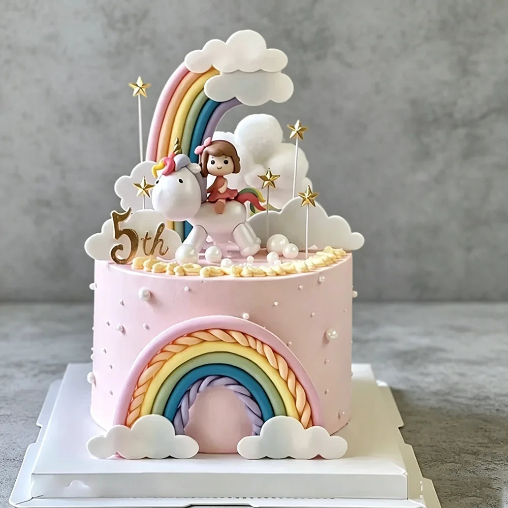 Magical Unicorn Cake Topper with Rainbow Clouds and Stars Dreamy Decor for Baby Shower and Girls Birthday Party Cake Arrangement