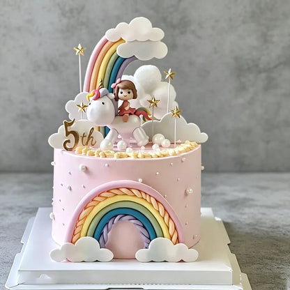 Magical Unicorn Cake Topper with Rainbow Clouds and Stars Dreamy Decor for Baby Shower and Girls Birthday Party Cake Arrangement