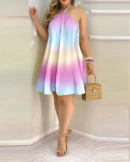 Women's 2026 Tropical Leaf Print Halter Neck Mini Dress Sleeveless Backless A-Line Summer Beach Sundress Casual
