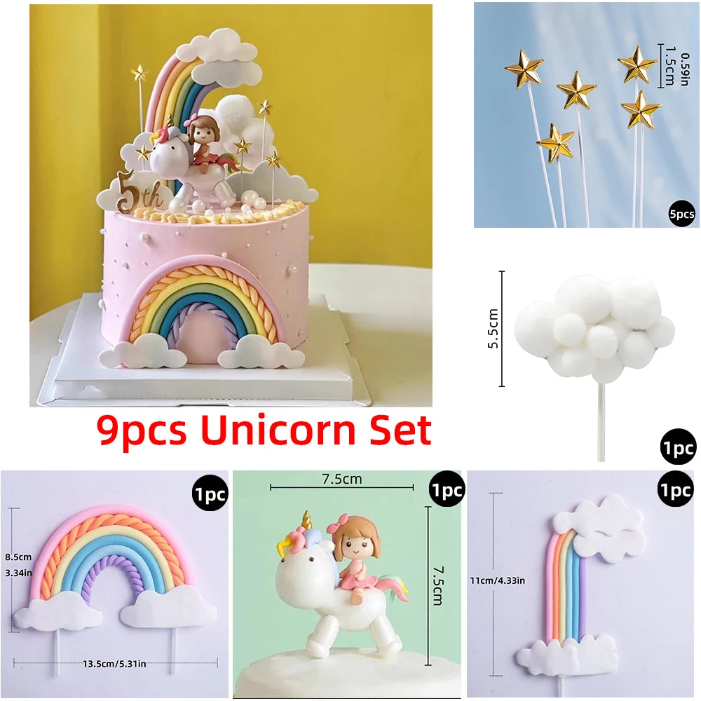 Magical Unicorn Cake Topper with Rainbow Clouds and Stars Dreamy Decor for Baby Shower and Girls Birthday Party Cake Arrangement