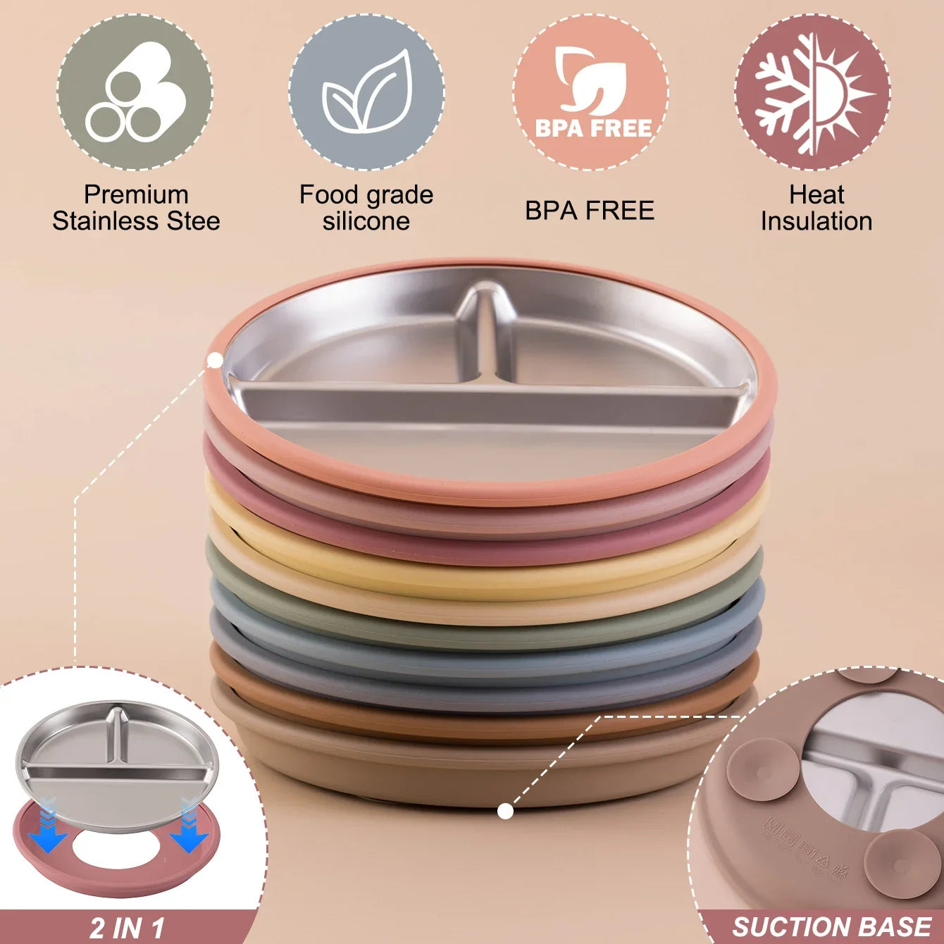 Stainless Steel Baby Feeding Plate with Detachable Suction