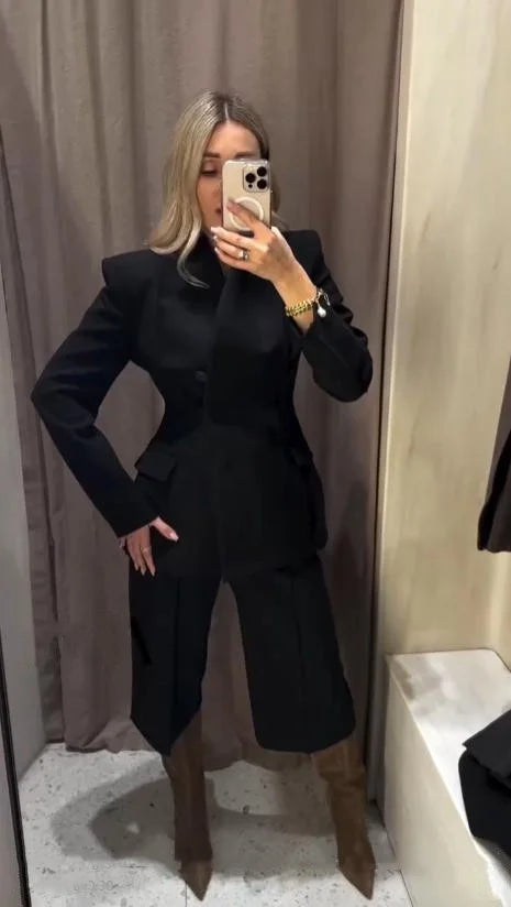 ETJ 2025 women's new fashion design three-dimensional cut high collar slim suit jacket & matching casual trousers
