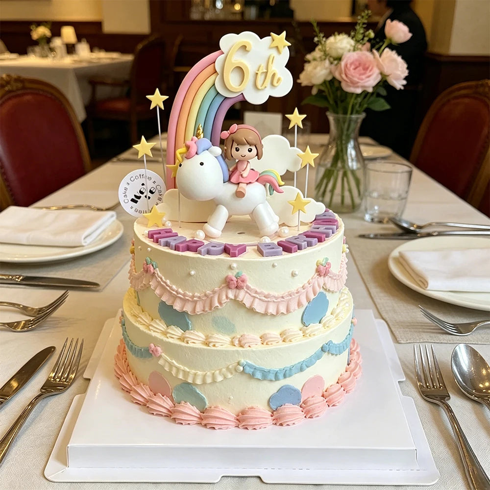 Magical Unicorn Cake Topper with Rainbow Clouds and Stars Dreamy Decor for Baby Shower and Girls Birthday Party Cake Arrangement