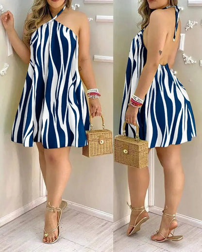 Women's 2026 Tropical Leaf Print Halter Neck Mini Dress Sleeveless Backless A-Line Summer Beach Sundress Casual