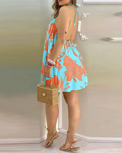 Women's 2026 Tropical Leaf Print Halter Neck Mini Dress Sleeveless Backless A-Line Summer Beach Sundress Casual