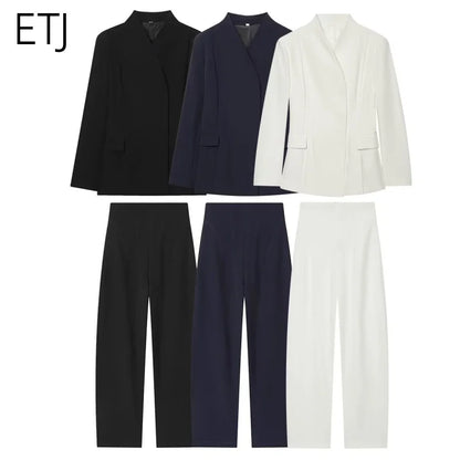 ETJ 2025 women's new fashion design three-dimensional cut high collar slim suit jacket & matching casual trousers