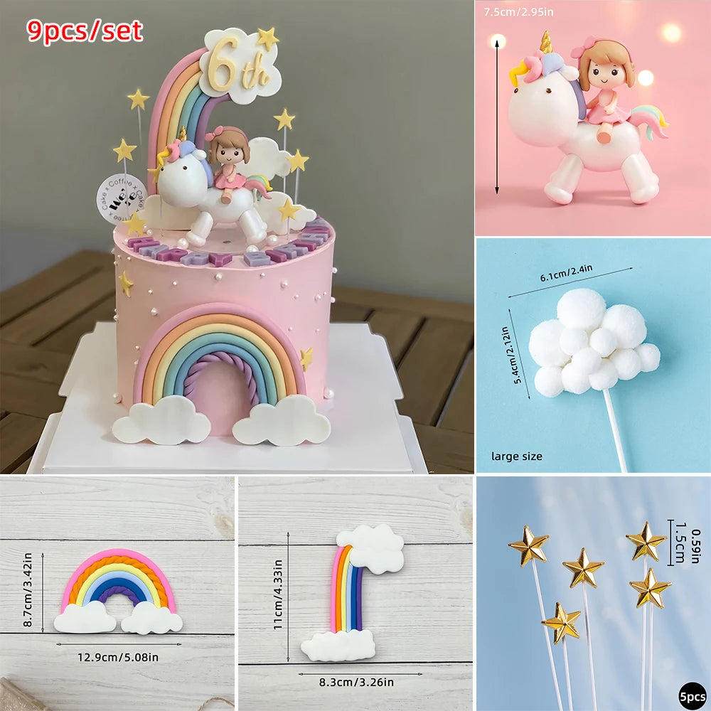 Magical Unicorn Cake Topper with Rainbow Clouds and Stars Dreamy Decor for Baby Shower and Girls Birthday Party Cake Arrangement